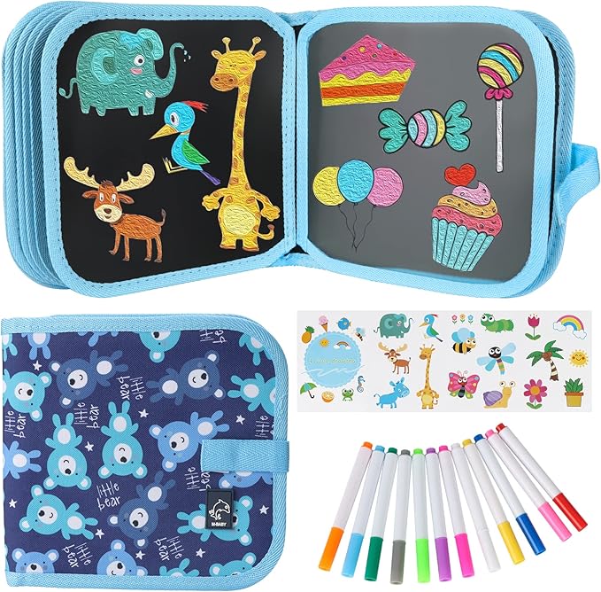 Erasable Doodle Set for Kids - Reusable Magic Drawing Book with 12 Watercolor Pens 14 Page Drawing, Road Trip Car Game Writing Painting Set for Boys and Girls (Bear)