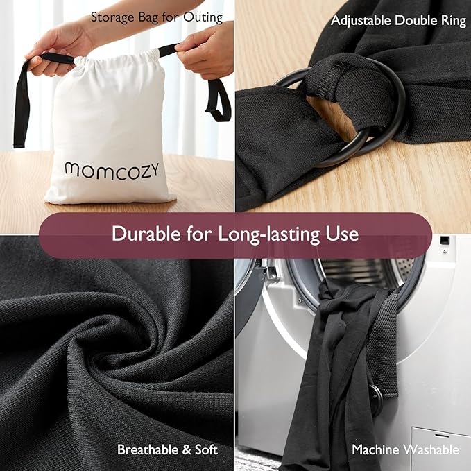 Momcozy Baby Wrap Carrier, Easy to Wear Infant Carrier Slings, Lightweight Hands Free Baby Sling, Adjustable Baby Carriers for Newborn to Toddler 8-35 lbs, Black