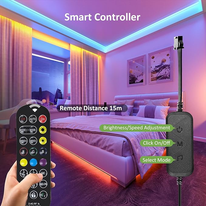 NOVOSTELLA 20ft RGB Smart LED Strip Lights Kit, Music Sync APP RGB Color Changing Flexible Dimmable 180 Units SMD 5050 LEDs Tape with 24 Key Remote, LED Ribbon for Home Lighting Kitchen Bar, 24V