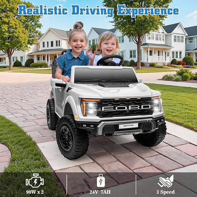 24V Ride on Car Licensed Ford F-150 Raptor, Kids Electric Car with Remote Control, LED Light/Music/MP3, Truck Bed Storage, 3-Point Seat Belt (24V, White)