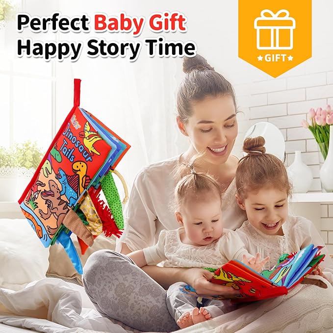 Jollybaby Baby Books 0-6 Months, Touch and Feel Crinkle Soft Cloth Books for Infants Babies, Toddler Early Educational Interactive Stroller Sensory Toys, Baby Girl & Boy Gift(Dinosaur Tails)