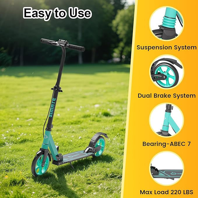 Kick Scooter for Kids Teens & Adults, 4 Adjustable Heights, 8IN All Terrain Big Wheels, Dual Brakes & Dual Suspension, Foldable and Lightweight, Gifts for Girls Boys