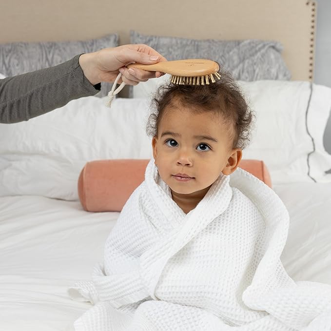 Natural Baby Brush Set - Wooden Brushes and Comb With Boho Travel Bag for Girl or Boy - Soft Goat Hair Brush for Cradle Cap, Bamboo Toddler Brush, Newborn Hairbrush for Scalp Grooming