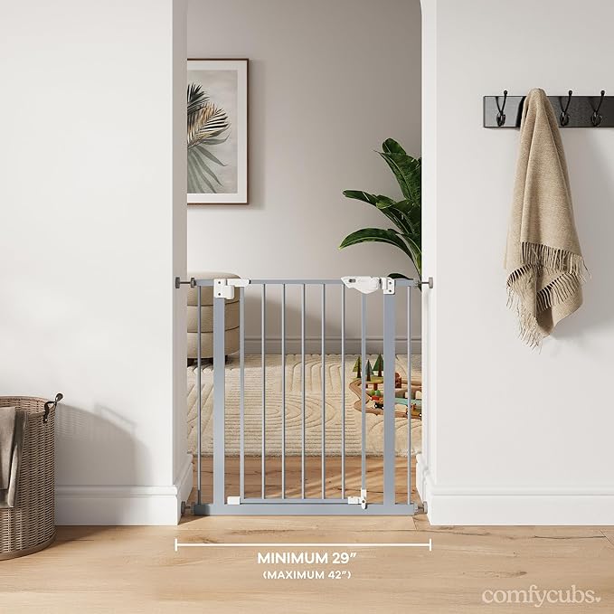 Comfy Cubs Baby Safety Gate with 3 Extensions - Adjustable 42" x 1.9" x 30" Q195 Steel Doorway Barrier - Powder-Coated Finish for Stairs and Doorways - Walk-Through Design Pet Gate - Pacific Blue