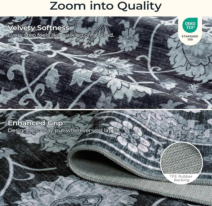 6x9 Area Rug for Living Room & Bedroom, Washable Non-Slip Vintage Distressed Rugs, Floral Soft Carpet, Low Pile Wool Carpets for Indoor Dining Home Office Playroom Under Table, Black