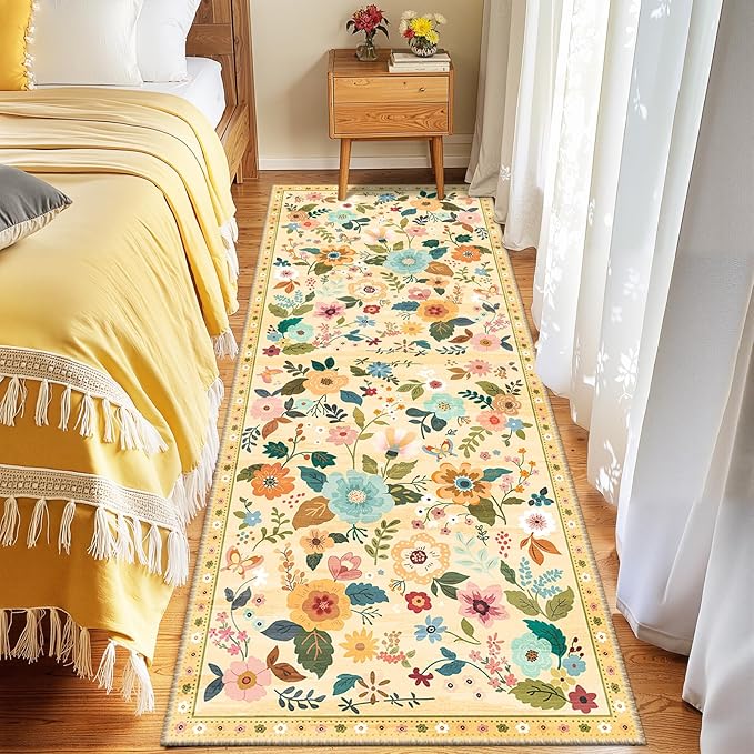 Floral 2x10 Area Rug Machine Washable Soft Print Boho Carpet Non Slip Doormat Low Pile Flower Area Rugs for Living Room Bedroom Nursery Kitchen Dining Room Indoor-Ivory/Yellow