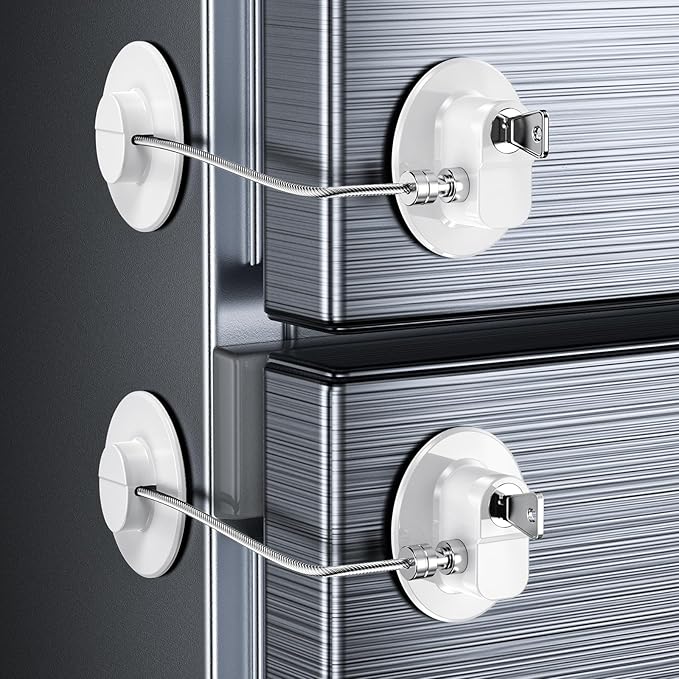 2 Pack Refrigerator Lock with Sticky Adhesive Pads, Child Proof Refrigerator/Fridge/Freezer Door Lock for Toddlers and Kids, Baby Safety Locks for RV Refrigerator, Cabinets and Drawers, Oven (Patent)