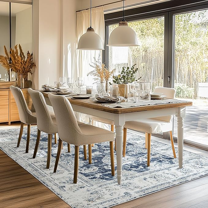 jinchan 9x12 Area Rugs for Living Room - Machine Washable Vintage Floral Distressed Design Stain Resistant Carpet Low Pile Non-Slip Large Rug for Bedroom Dining Room Home Office (9‘x12',Dark Blue)