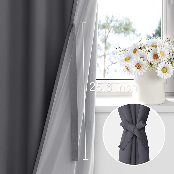 XWZO 100% Blackout Curtain Panels - Rod Pocket Thermal Insulated Black Liner, Noise Reducing and Heat Blocking Drapes for Hall and Studio Windows with Tiebacks, Dark Grey, W52 x L63, Set of 2