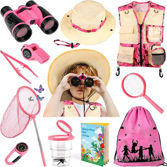INNOCHEER Kids Explorer Kit & Bug Catcher Kit & Safari Costume Kit, Outdoor Exploration Set with Hat, Vest, Butterfly Net and Bugs Book for Boys Girls 3-12 Years Old (Camouflage Pink)