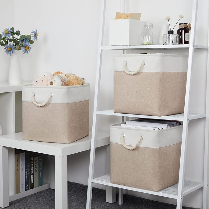 Bidtakay Fabric Storage Baskets for Organizing Beige 13 Inch Collapsible Square Baskets 3 Pack Organization Bins Large Cube Storage Bins Closet Baskets for Shelves Clothes