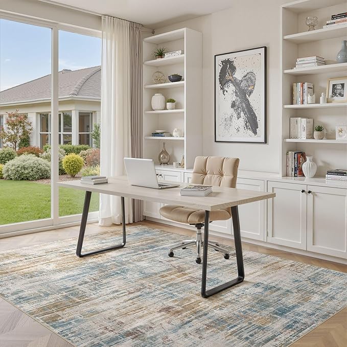 Area Rug for Living Room: 4x6 Washable Neutral Abstract Modern Soft Rugs Non Slip Indoor Floor Stain Resistant Carpet for Bedroom Dining Room Office Nursery - Blue Brown