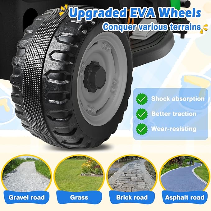 24V Ride On Tractor w/Tiltable & Detachable Trailer, 2x65W Motors, EVA Tires, Remote Control, Bluetooth, Shifter, Music, Electric Car for Kids, Green