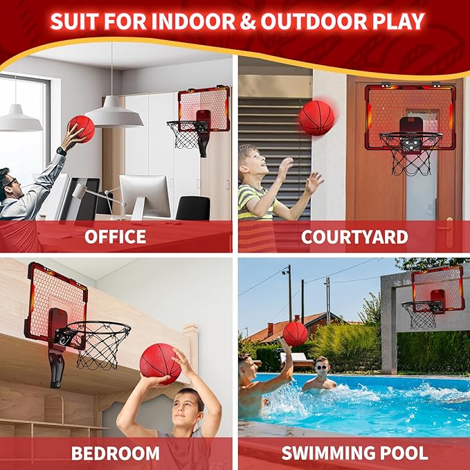 Mini Basketball Hoop Indoor with 7 LED Lighting, Scoreboard, 3 Modes, Volume Adjustable, Over Door Basketball Hoop Foldable, Basketball Toys for Kids Adults Gifts (Red)
