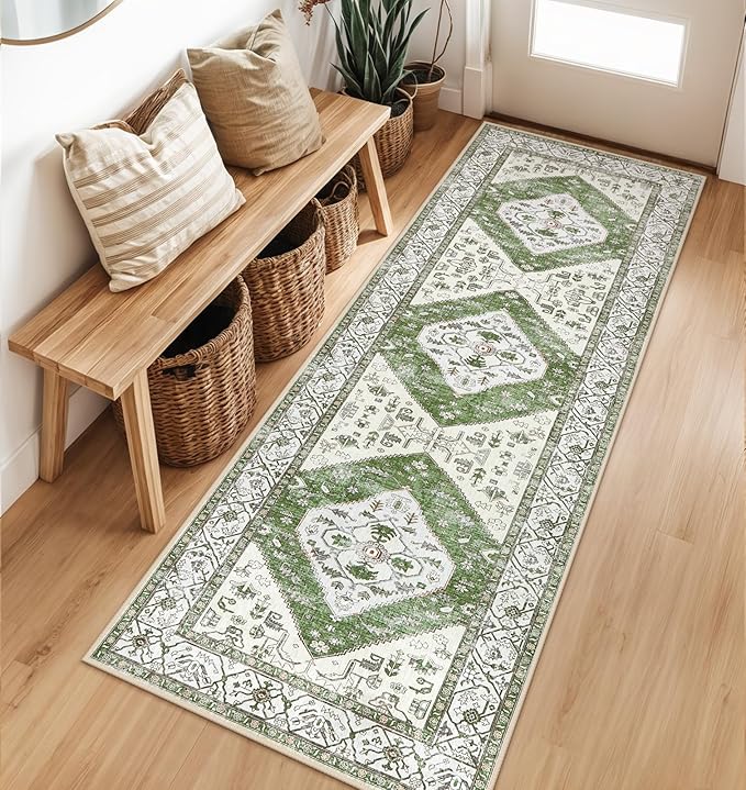 Lahome Boho Green Hallway Runner - 2x6 Washable Kitchen Runner Rug Non-Slip, Ultra-Thin Vintage Print Carpet Rug for Entryway Bedroom Laundry Room (Green, 2'x6')