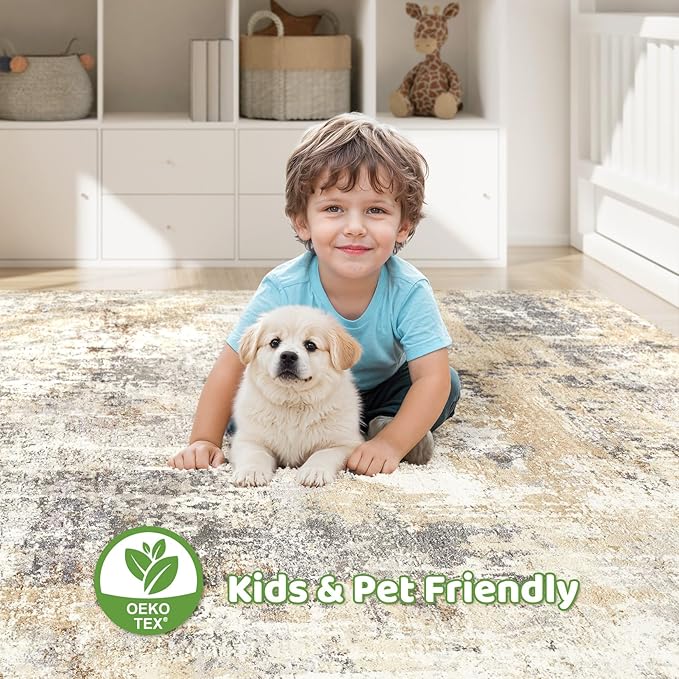 10x12 Area Rug Living Room: Washable Large Abstract Modern Soft Rugs Stain Resistant Indoor Floor Non Slip Accent Carpet for Bedroom Nursery Playroom Office Dining Room Dorm Home House- Gray Gold