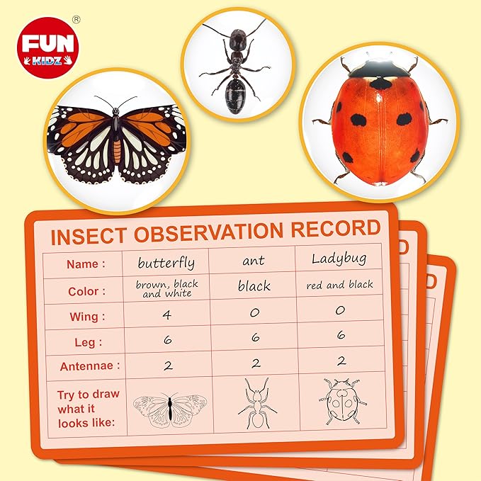 Science Kid Bug Catcher Kit, FunKidz Outdoor Activities Gift Butterfly Bug Habitat with Magnified Viewer Bug Catching Kit for Boys 3-12 Includes Net Catcher, Tweezers, Record Lists