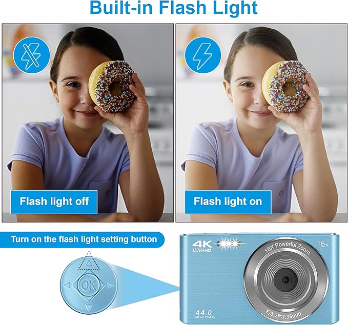 Digital Camera for Teens, FHD 4K 44MP with 64GB SD Card, 16X Digital Zoom, Compact Point Shoot Camera Blue