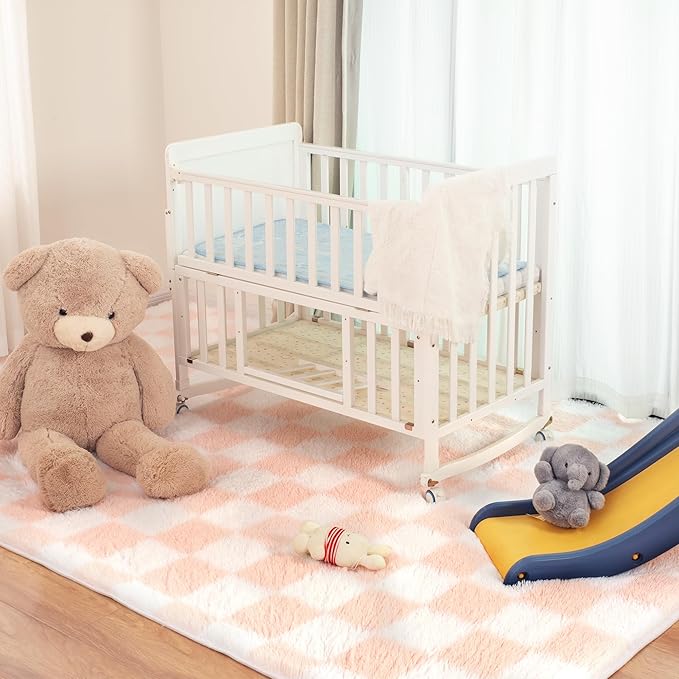 Super Soft Rug for Bedroom, 4x5.8 Ft Pink and White Area Rug Classic Checkered Shaggy Anti-Skid High Pile Soft Fluffy Rug Fuzzy Carpet for Living Room Bedroom Kids Room Nursery, Dorm Home Decor