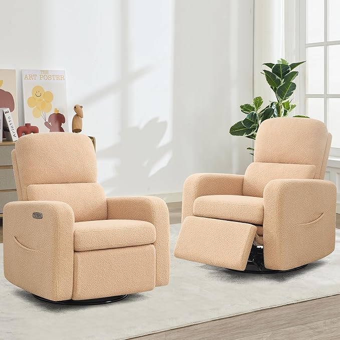Swivel Rocker Recliner, Oversized Power Nursery Recliner Chair, Swivel Glider Reclienr with Removable Cushion, Upholstered Boucle Recling Chair for Nursery Living Room Bedroom, Teddy Camel