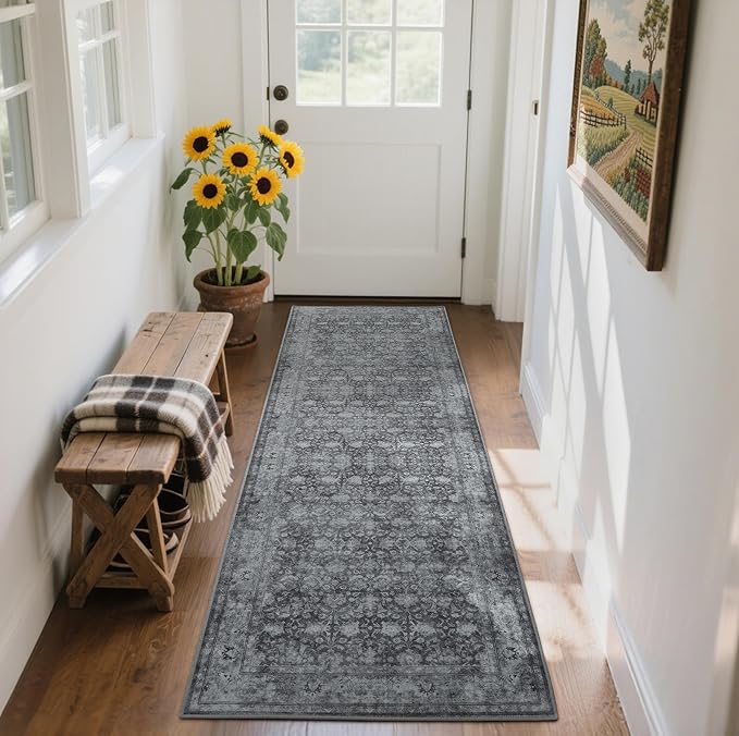 2'6"x8' Washable Runner Rug for Hallway, Non Slip Vintage Floral Long Carpet Runners for Entryway, Kitchen, Bathroom, Bedroom, Low Pile Laundry Rugs with Rubber Backing (Distressed Grey)