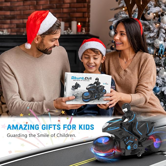 Eulogia Remote Control Motorcycle Toys New Upgraded RGB Wheels Lights, RC Motorbike with 2-in-1 Remote, Gesture Sensing Stunts Dirt Bike, 360° Rotating High Speed Motocross Car for Boys Girls Gift