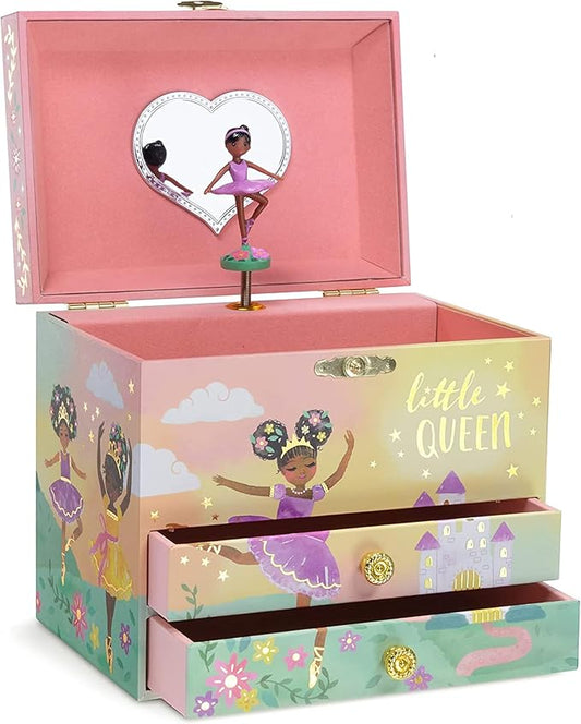 Jewelkeeper Jewelry Box for Girls - 2-Drawer Music Box with Little Queen Ballerina Dancing to Swan Lake, Cute Pink Design, Keepsake Storage for Treasured Accessories - 6.75 x 5.25 x 6 inches
