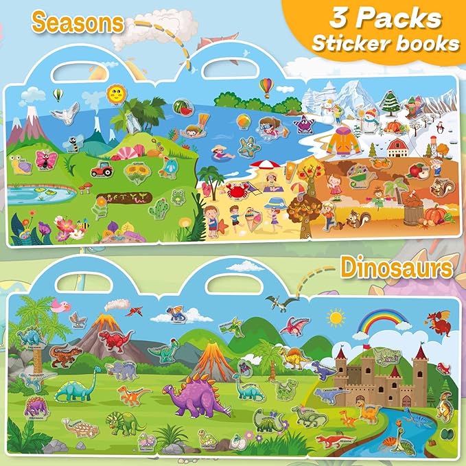 3 Sets Sticker Books for Toddlers 2-4 Years, Reusable Stickers Books for Toddlers 1-3, Travel Toys for Kids 1-3, Airplane Travel Essentials for Kids