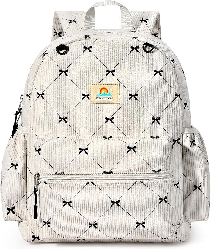 STEAMEDBUN Corduroy Kids Backpack for Girls and Boys 5-8: Girls Backpack for Elementary Kindergarten - 15 inch Cute Backpacks for Kids - Bow