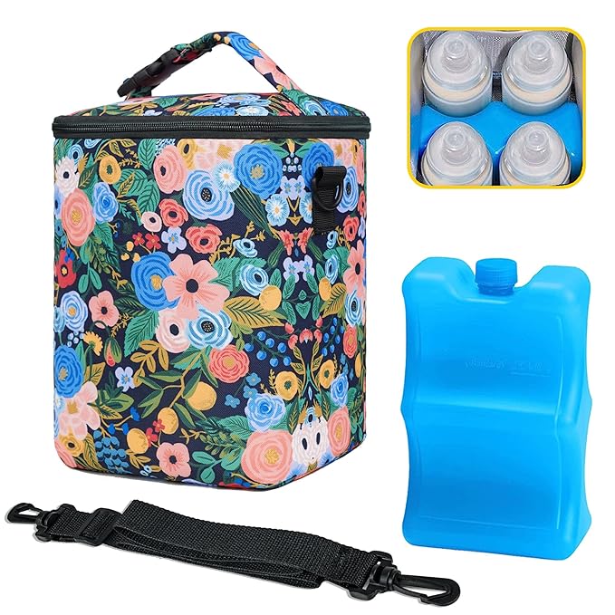 Breastmilk Cooler Bag with Ice Pack Fits 4 Baby Bottles Up to 9 Ounce Insulated Baby Bottle Bag Breast Milk Cooler on The Go with Strap Baby Bottle Cooler Bag for Nursing Mom Daycare or Travel