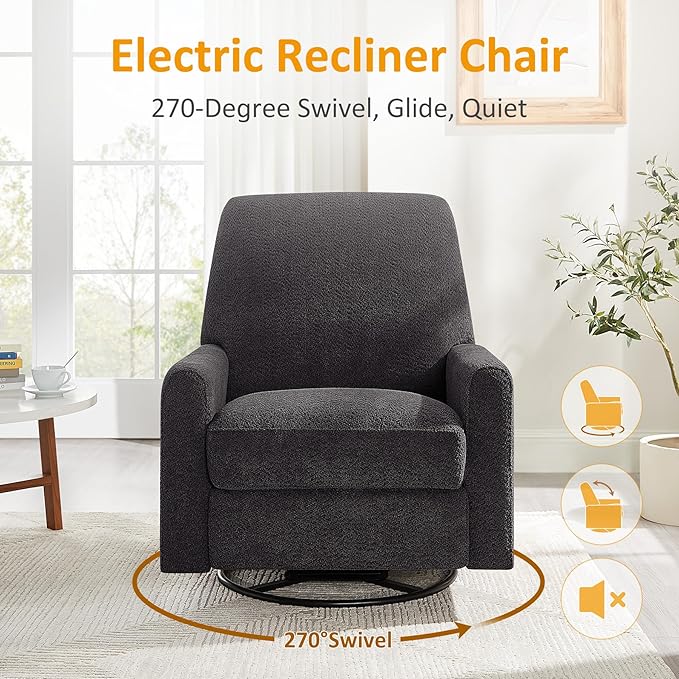 Power Swivel Glider Recliner Chair, Electric Nursery Rocker Recliner Chair, USB & Type-C Charger, Charcoal Gray Boucle