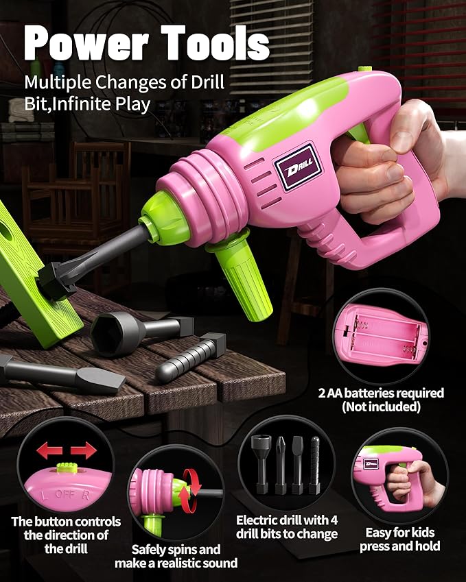 Deejoy 54Pcs Large Kids Tool Set with Electric Saw & Electronic Toy Drill, Pretend Play Kids Construction Set for Toddler 3-5 Years Old, Toddler Tool Set-Pink