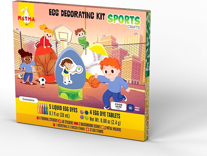 METMA 1999 Egg Decorating Sports Crafts - Complete Decorative Eggs Set with Liquid Dyes, Tablets, Stickers, Egg Spinner and More - Fun Easter Egg Dye Kit Arts and Crafts for Kids(Sports)
