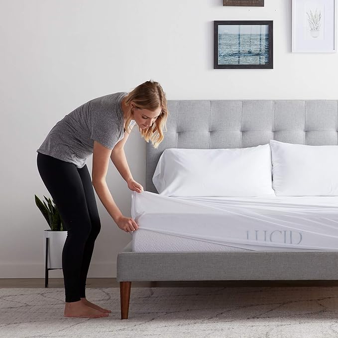 LUCID Premium Rayon from Bamboo Jersey Mattress Protector | Queen Size Waterproof Mattress Protector | Ultra Soft, Fitted Sheet Style, White