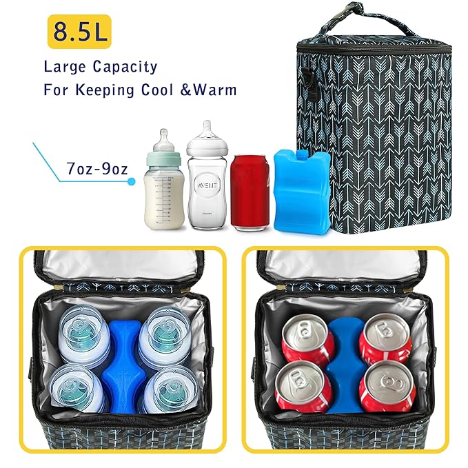Breastmilk Cooler Bag with Ice Pack Fits 4 Baby Bottles Up to 9 Ounce Insulated Baby Bottle Bag Breast Milk Cooler on The Go with Strap Baby Bottle Cooler Bag for Nursing Mom Daycare or Travel