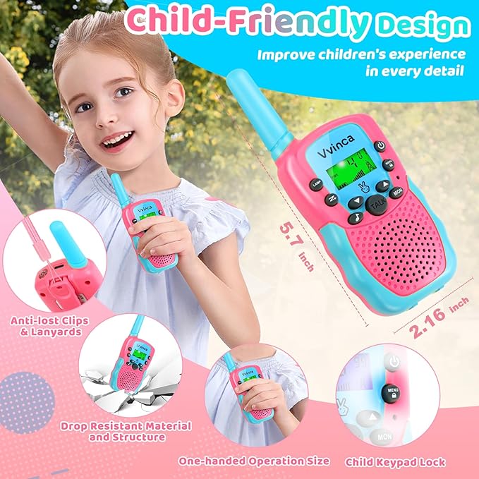 Vvinca Rechargeable Walkie Talkies for Kids, Long Range 22 Channels 2 Way Kids Walkie Talkie with Flashlight for Camping Hiking Indoor Outdoor Toy 3 4 5 6-12 Boy Girl Christmas Birthday Gifts 2 Packs