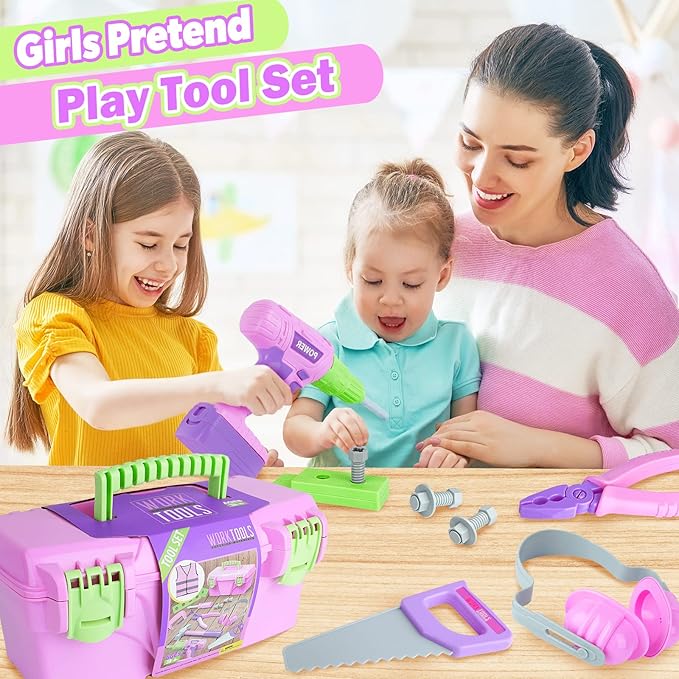 Kids Tool Set, Pink Toy Tool Set for Girls with Electric Drill, Hammer, Planer, Working Vest, Accessories and Storage Box, Construction Pretend STEM Toy Tool Kit for Toddlers Age 3 Years and Up