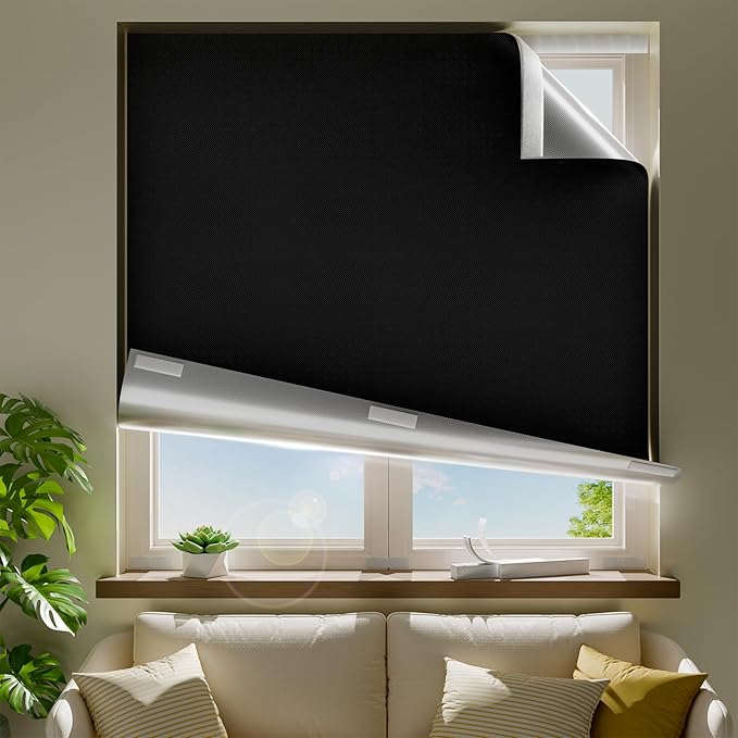 40" W x 36" L 100% Portable Blackout Curtains, Total Darkness No-Drill Black Out Window Cover,Temporary Blackout Shades with Hook & Loop Tape, for Bedroom, Nursery, Dorm, Travel (Black)