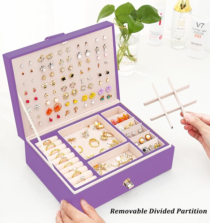 Girls Jewelry Box for Earrings Jewelry Organizer Box Teen Girls Earrings Organizer Jewelry Box with Earring Holder Organizer Stud Earring Box for Girls Womens Jewelry Case Organizer Purple