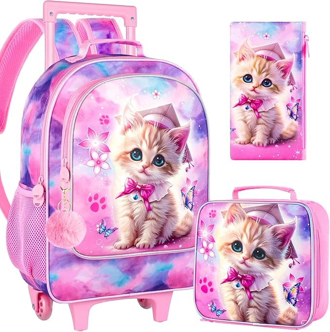 gxtvo Girls Rolling Backpack, Cute Cat Roller Wheels Kids Bookbag - Wheeled Elementary School Bag - 3PCS Cat