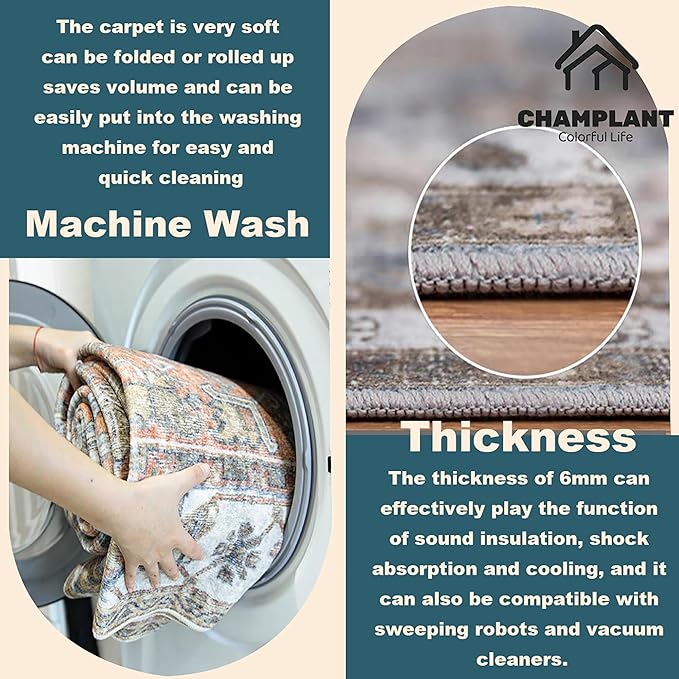 Area Rug 5'x7' Cyan Khaki Washable Vintage Traditional Floor Cover Thin Retro Kitchen Indoor Distressed Non Slip Carpet for Living Room Bedroom Dining Room