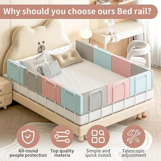 Bed Rail Bumpers for Toddlers, for Elderly Adults Safety, Adjustable Bed Side Guard Rails for Kids, Twin, Bunk, Queen & King Full Size Beds（Pink, 2 Packs）