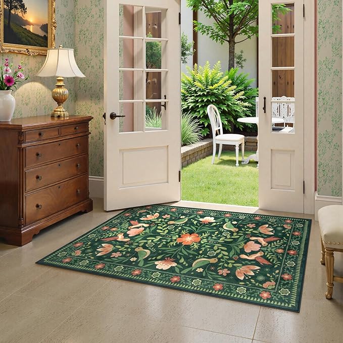 Moynesa Boho Bird Washable Rug, 3x5 Ultra-Thin Dark Green Kitchen Rugs Non-Slip, Stain Resistant, Low Pile, Indoor Small Living Room Throw Carpet for Entryway Bathroom Office Bedroom