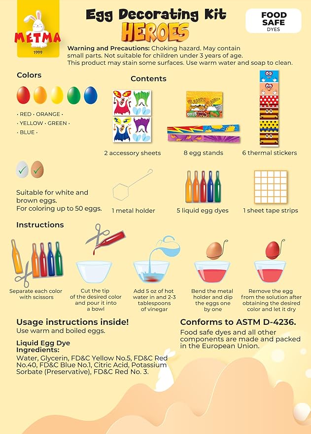 METMA 1999 Egg Decorating Kit Heroes - Complete Decorative Eggs Set with Liquid Dyes, Stickers, Egg Spinner, and More - Fun Easter Egg Dye Kit Arts and Crafts for Kids