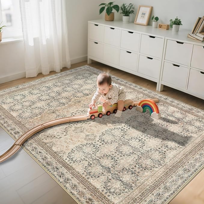 Large 8x10 Washable Area Rug for Living Room, No Shedding Vintage Floral Print Rugs Non Slip, Indoor Foldable Thin Retro Accent Carpet for Bedroom Farmhouse Dining Room Beige/Pink/Orange