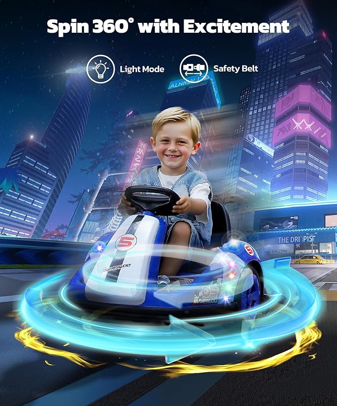 ELEMARA 12V Kids Bumper Car with Big Wheel, 2.2 Mph Max, Toddler Bumper Cars with Remote, Baby Bumping Toy Car with DIY Stickers,360 Degree-Spin, Music, Bluetooth,LED Lights, Blue