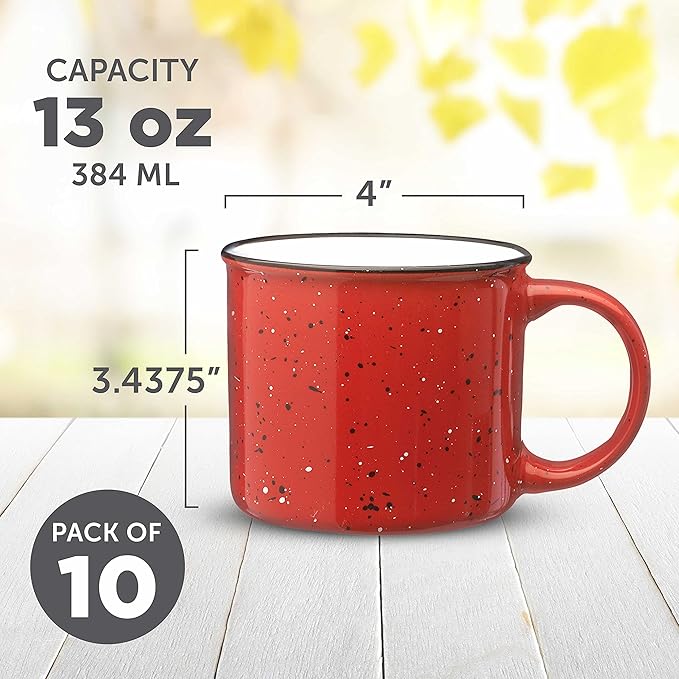 DISCOUNT PROMOS Ceramic Campfire Coffee Mugs 13 oz. Set of 10, Bulk Pack - Perfect for Tea, Espresso, Cappuccino, Hot Cocoa - Red
