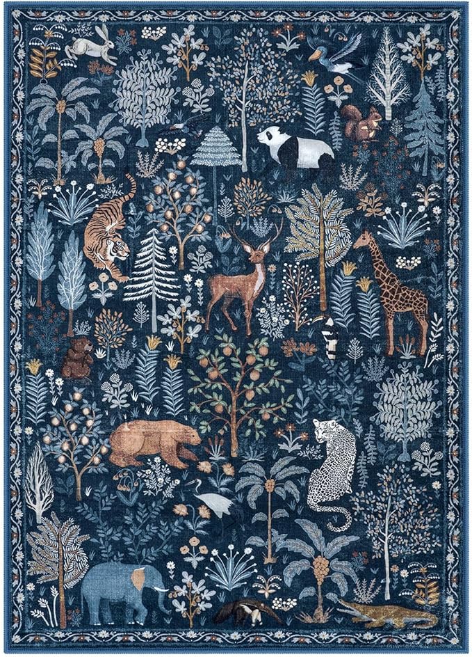 OJIA Jungle Print Rugs for Living Room 8x10 Washable Area Rugs for Bedroom, Modern Non-Slip Ultra-Thin Soft Large Carpet Non-Shedding Nursery Rug for Teens Kids Playroom Dining Room Home Decor