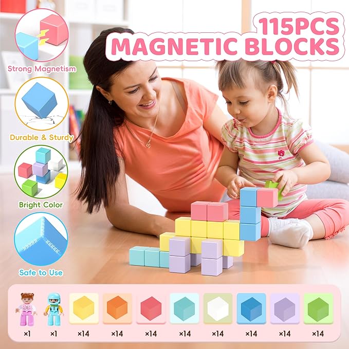 115PCS Magnetic Blocks Set, Magnet Building Blocks with Toy Figurine and Storage Bag for Kids Gifts, STEM Educational Preschool Sensory Toys for Toddlers Boys Girls Ages 3 4 5 6 7 8 +(Macaron Color)