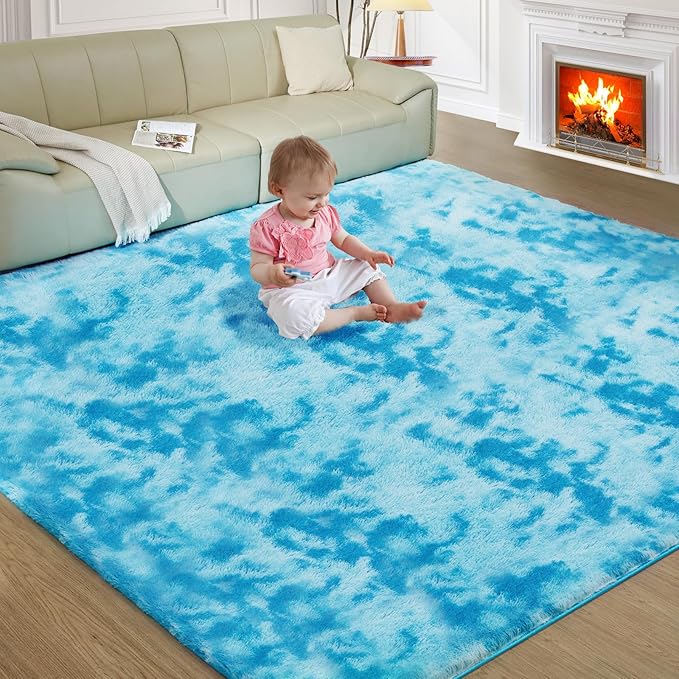 Ultra Soft Rug for Living Room, 4X6 Fluffy Shag Area Rug for Bedroom, Modern Shaggy Carpets Fuzzy Rug for Teens Dorm Nursery Home Decor Aesthetic, Upgrade Anti-Skid Durable, Tie-Dyed Blue